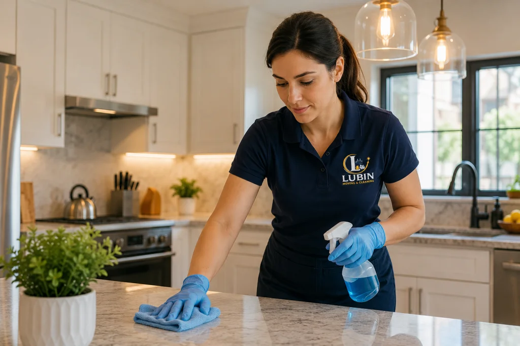 Professional home cleaning in a bright kitchen